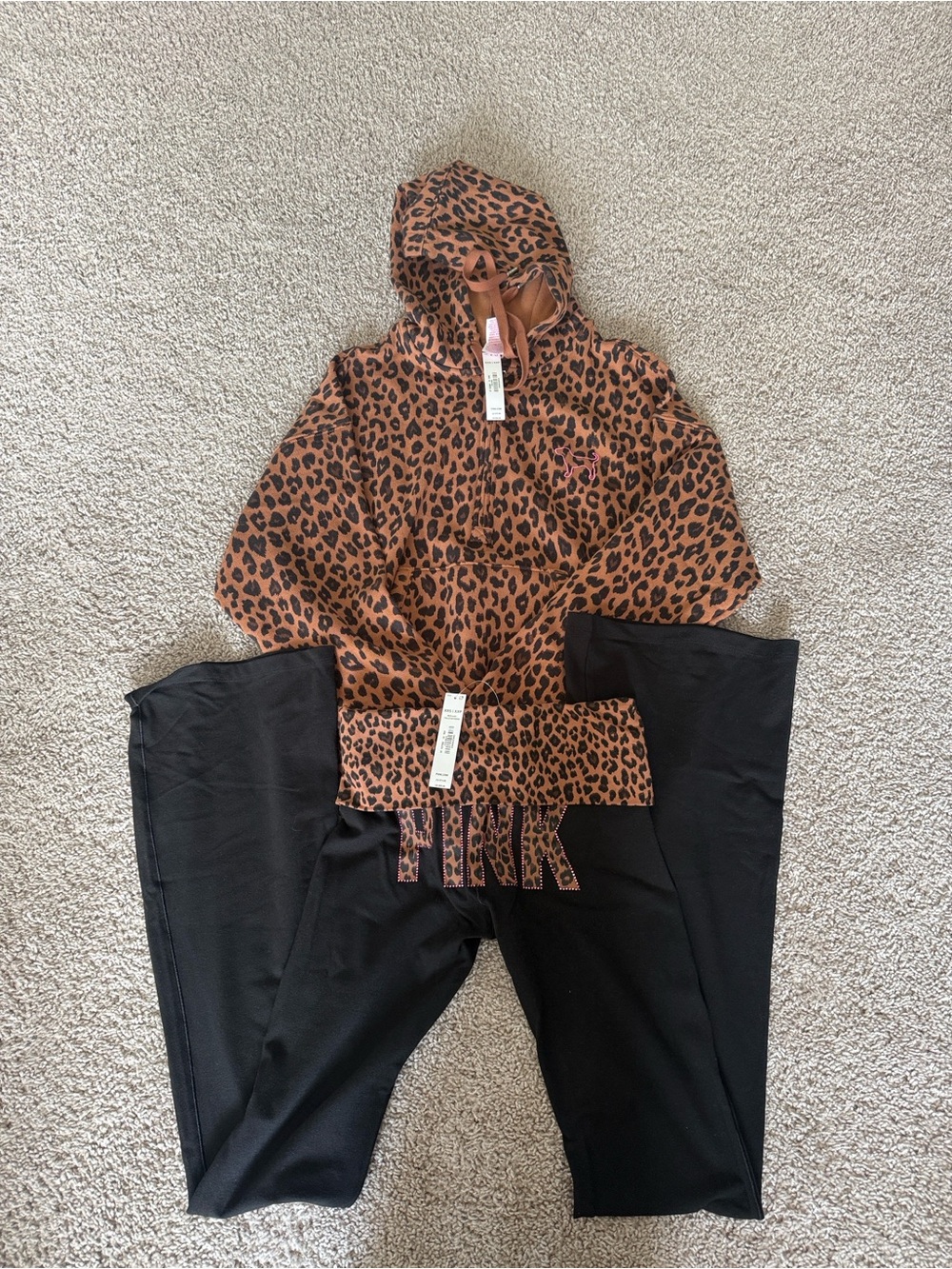 PINK Victoria's Secret Leopard Print 1/4 zipHoodie with Black fold over leggings